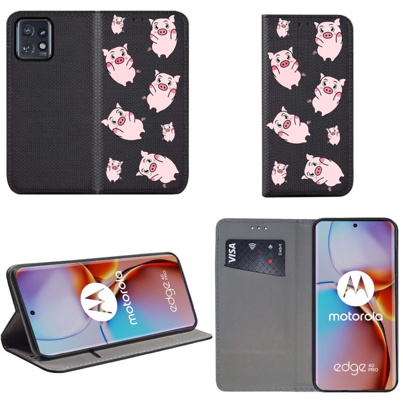Etui do Motorola Moto Edge 40 Pro zamykane malowane wzór świnki, pokrowiec, kabura, case, z klapka, smart wzory