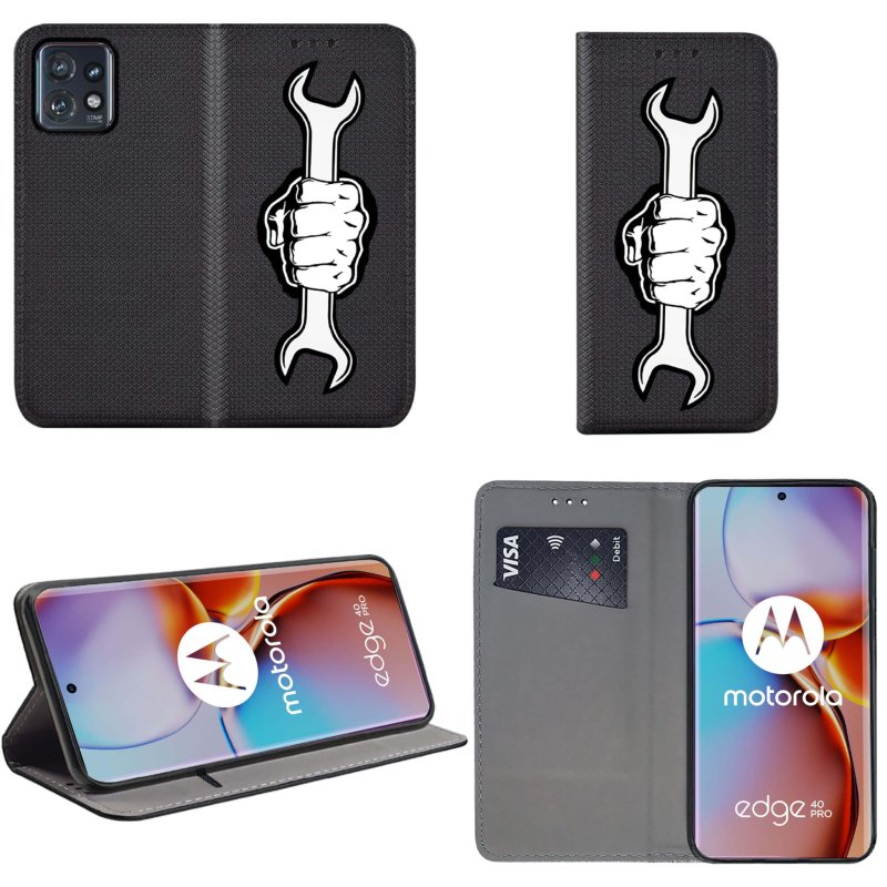 Etui do Motorola Moto Edge 40 Pro zamykane malowane wzór ręka, klucz, pokrowiec, kabura, case, z klapka, smart wzory