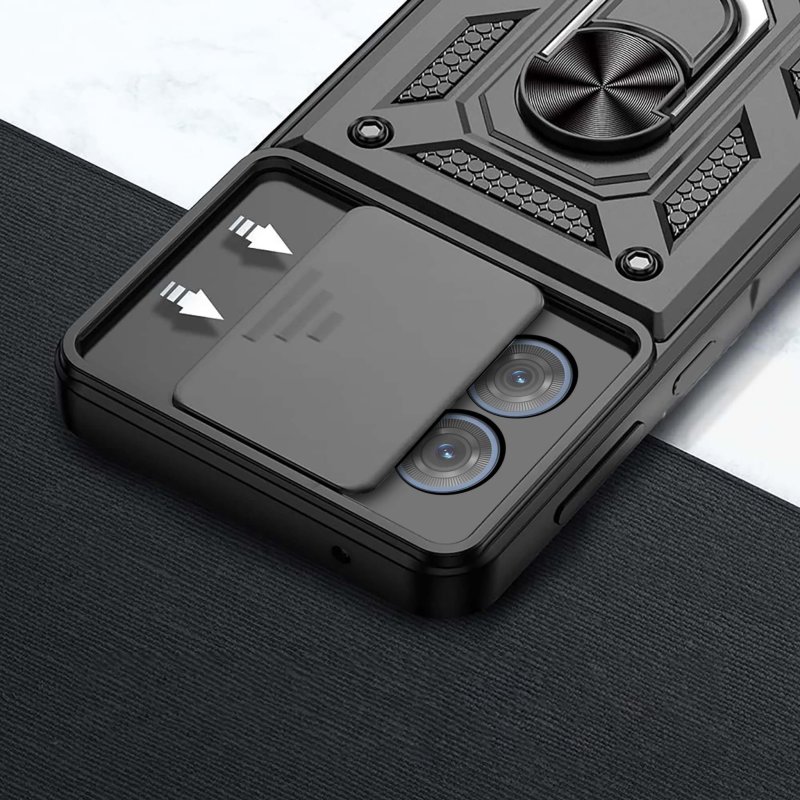 Etui do Motorola Moto G84 5G pancerne ring z osłoną na aparat czarne ze szkłem, nakładka, na plecki, case, slide ring