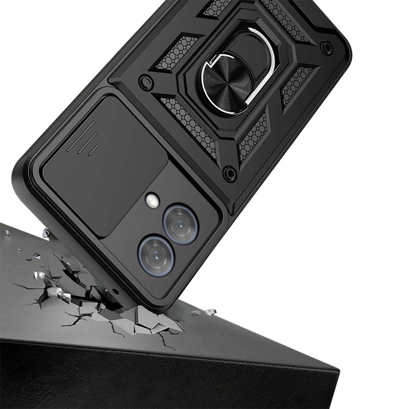 Etui do Motorola Moto G84 5G pancerne ring z osłoną na aparat czarne ze szkłem, nakładka, na plecki, case, slide ring
