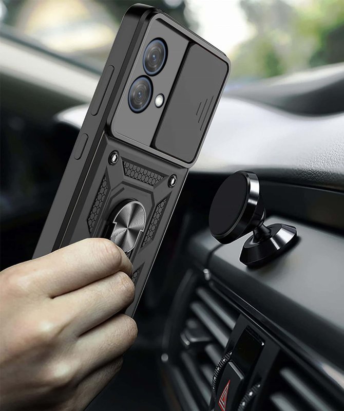 Etui do Motorola Moto G84 5G pancerne ring z osłoną na aparat czarne ze szkłem, nakładka, na plecki, case, slide ring
