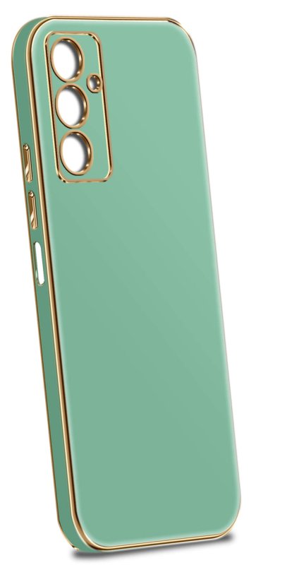 Etui do Samsung Galaxy A15 4G / A15 5G miętowe ze złotą ramką ze szkłem, nakładka, na plecki, case, glamour
