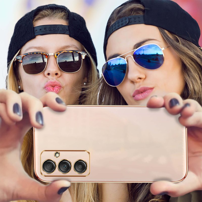 Etui do Samsung Galaxy A15 4G / A15 5G różowe ze złotą ramką ze szkłem, nakładka, na plecki, case, glamour