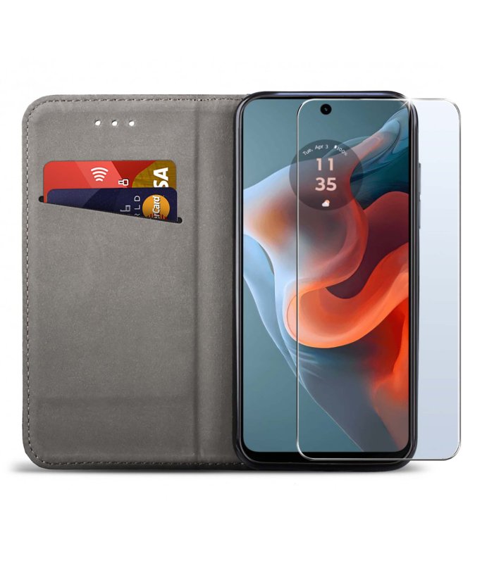 Etui do Motorola Moto G34 5G czerwone zamykane ze szkłem, pokrowiec, kabura, case, z klapka, smart