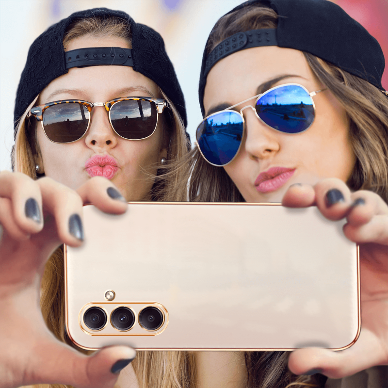 Etui do Samsung Galaxy S23 Fe ze złotą ramką ring różowe ze szkłem, nakładka, na plecki, case, gold finger