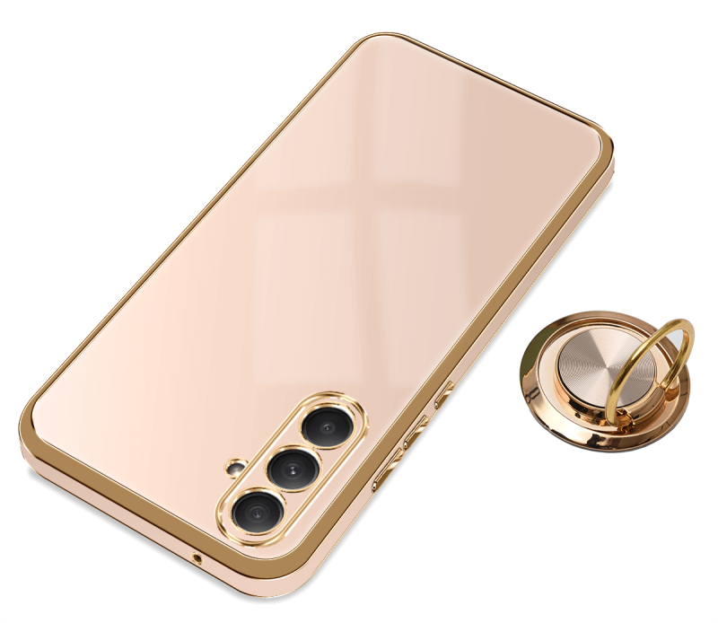 Etui do Samsung Galaxy S23 Fe ze złotą ramką ring różowe ze szkłem, nakładka, na plecki, case, gold finger