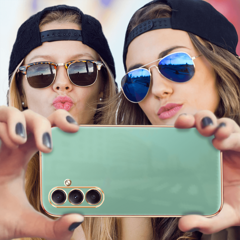 Etui do Samsung Galaxy S23 Fe ze złotą ramką ring zielone ze szkłem, nakładka, na plecki, case, gold finger