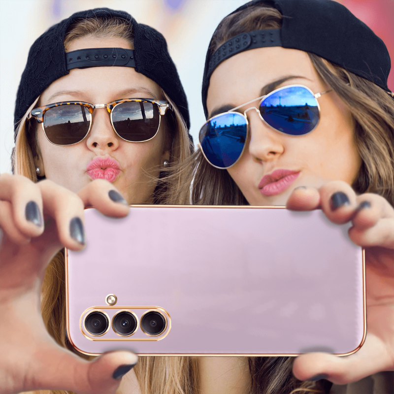 Etui do Samsung Galaxy S23 Fe ze złotą ramką ring fioletowe ze szkłem, nakładka, na plecki, case, gold finger