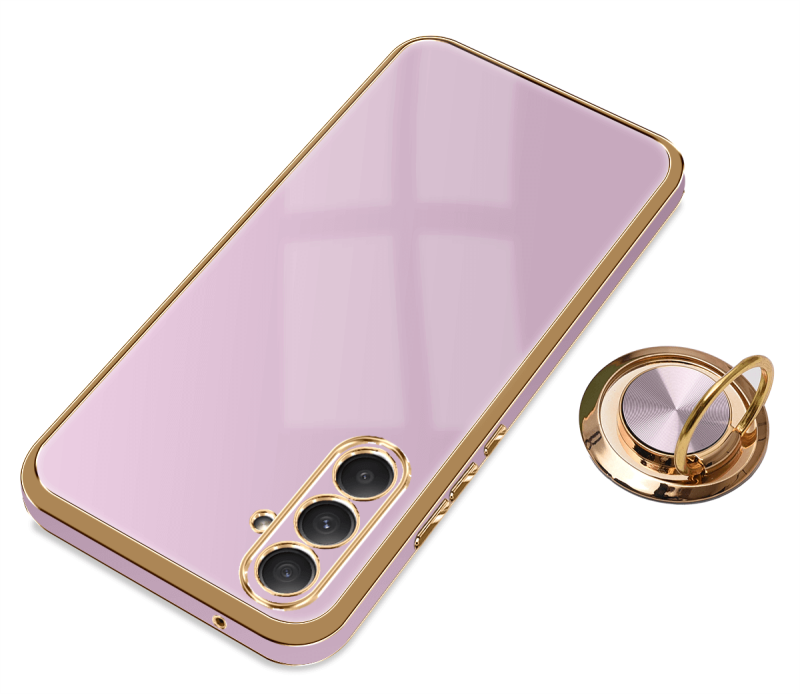 Etui do Samsung Galaxy S23 Fe ze złotą ramką ring fioletowe ze szkłem, nakładka, na plecki, case, gold finger