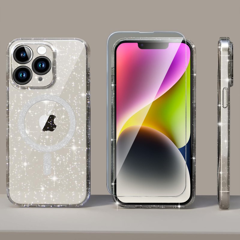 Etui do Iphone 13 Pro magsafe brokatowe przeźroczyste ze szkłem, nakładka, na plecki, case, magsafe glitter