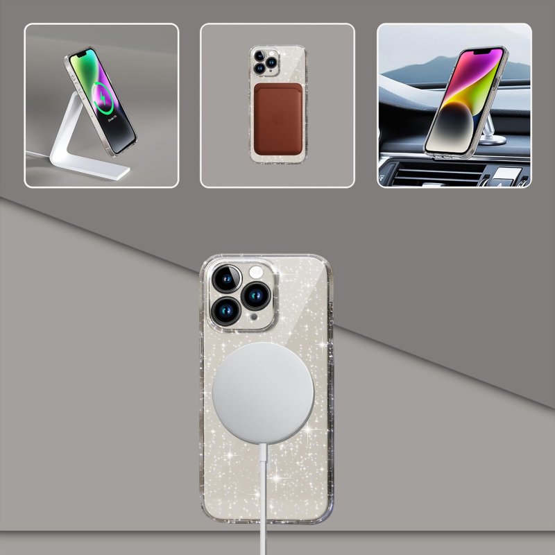 Etui do Iphone 13 Pro magsafe brokatowe przeźroczyste ze szkłem, nakładka, na plecki, case, magsafe glitter