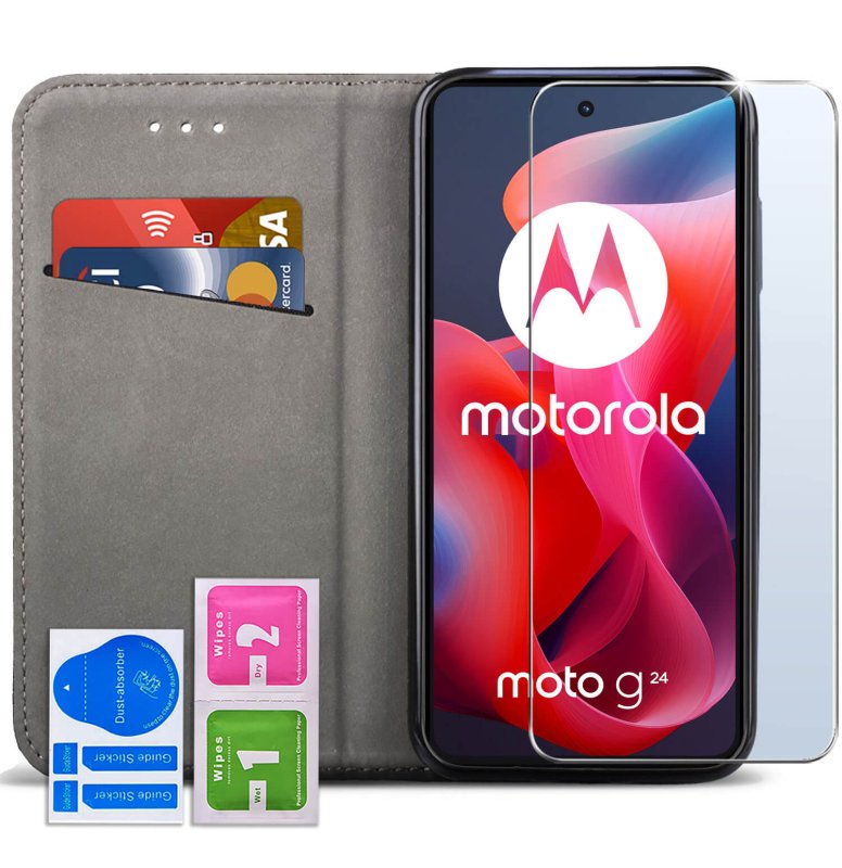 Etui do Motorola Moto G24 / G04 czarne magnetyczne zamykane ze szkłem, pokrowiec, kabura, case, z klapka, smart magnetic