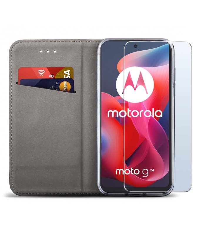 Etui do Motorola Moto G24 / G24 Power / G04 czerwone zamykane ze szkłem, pokrowiec, case, z klapka, smart