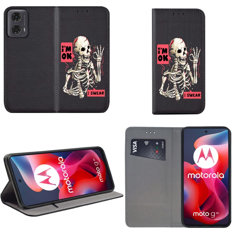 Etui do Motorola Moto G24 / G24 Power / G04 zamykane malowane wzór ze szkłem, pokrowiec, kabura, case, z klapka, smart wzory, szkielet, kościotrup