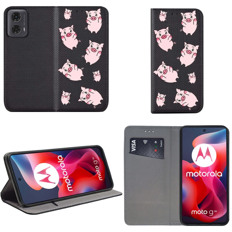 Etui do Motorola Moto G24 / G24 Power / G04 zamykane malowane wzór ze szkłem, pokrowiec, kabura, case, z klapka, smart wzory, swinki