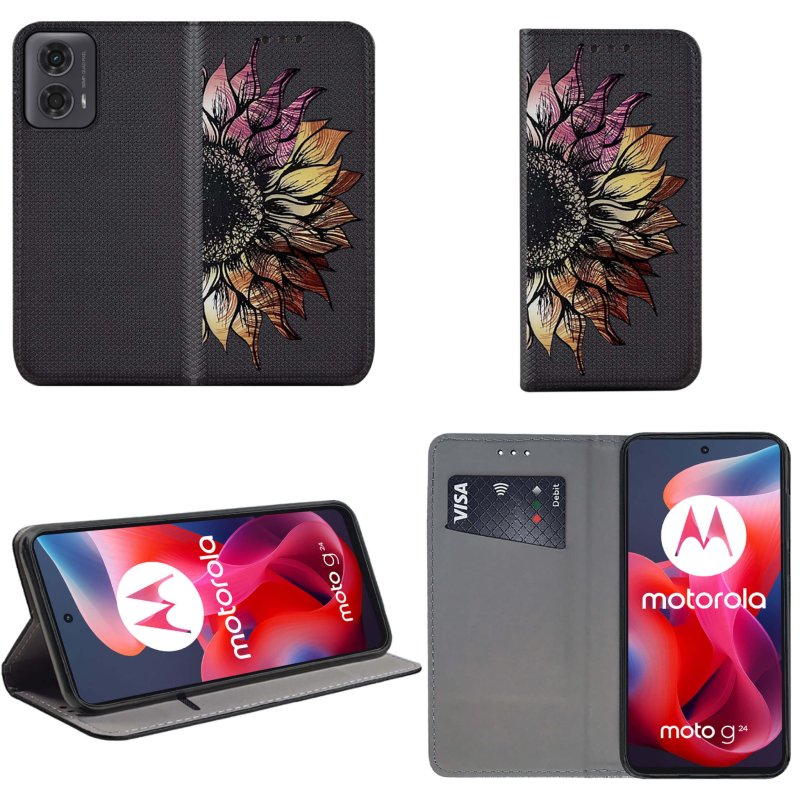 Etui do Motorola Moto G24 / G24 Power / G04 zamykane malowane wzór ze szkłem, pokrowiec, kabura, case, z klapka, smart wzory, kwiat