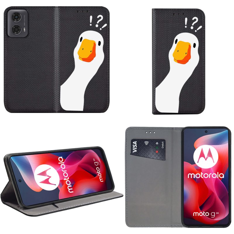 Etui do Motorola Moto G24 / G24 Power / G04 zamykane malowane wzór ze szkłem, pokrowiec, kabura, case, z klapka, smart wzory, gęś, kaczka