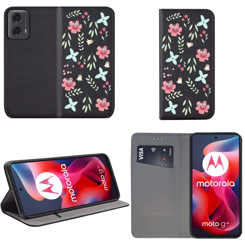 Etui do Motorola Moto G24 / G24 Power / G04 zamykane malowane wzór ze szkłem, pokrowiec, kabura, case, z klapka, smart wzory, kwiaty