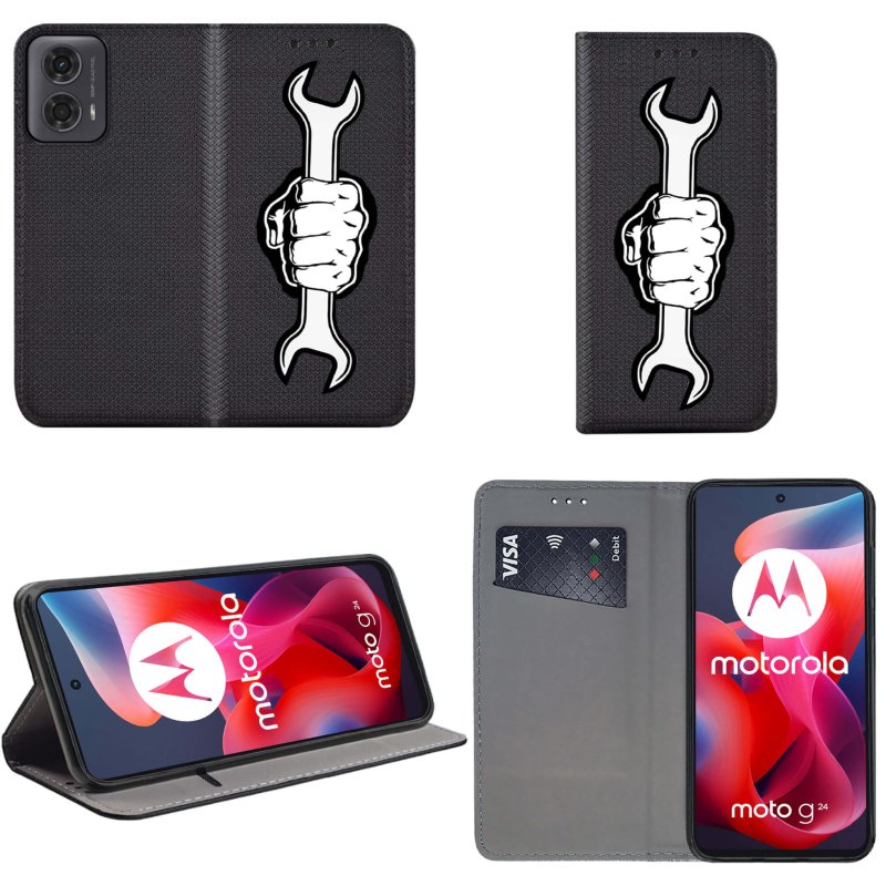 Etui do Motorola Moto G24 / G24 Power / G04 zamykane malowane wzór ze szkłem, pokrowiec, kabura, case, z klapka, smart wzory, ręka, pięść, klucz