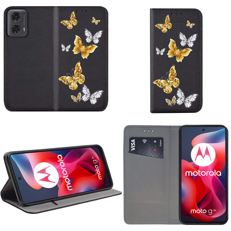 Etui do Motorola Moto G24 / G24 Power / G04 zamykane malowane wzór ze szkłem, pokrowiec, kabura, case, z klapka, smart wzory, motyle