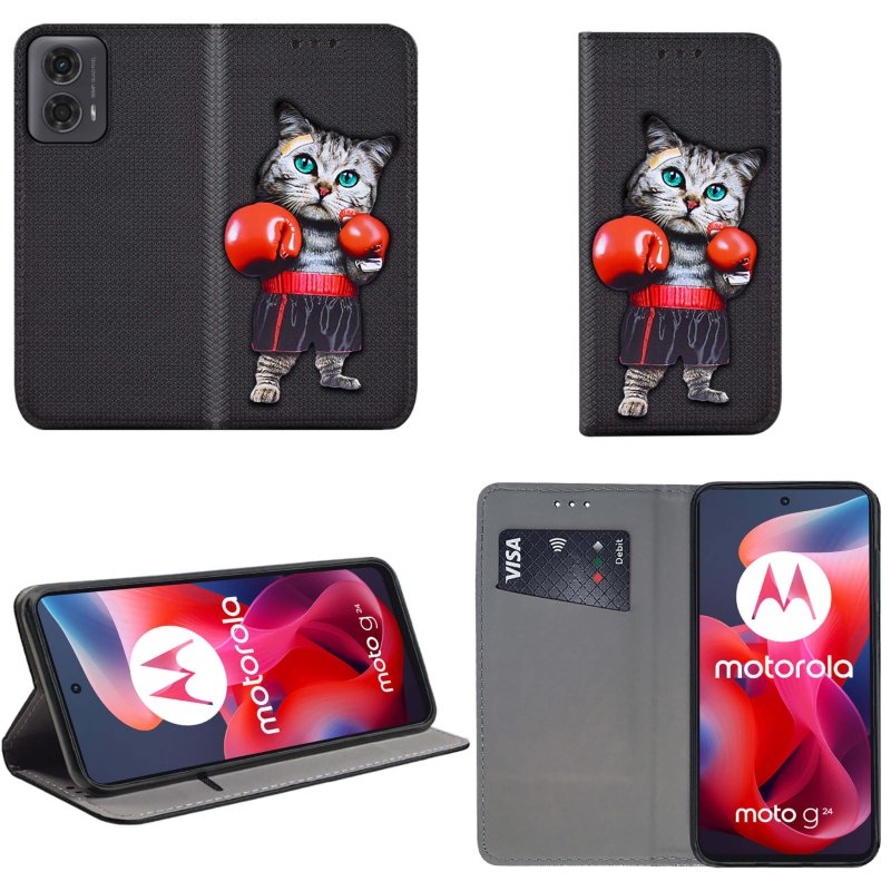 Etui do Motorola Moto G24 / G24 Power / G04 zamykane malowane wzór ze szkłem, pokrowiec, kabura, case, z klapka, smart wzory, kot