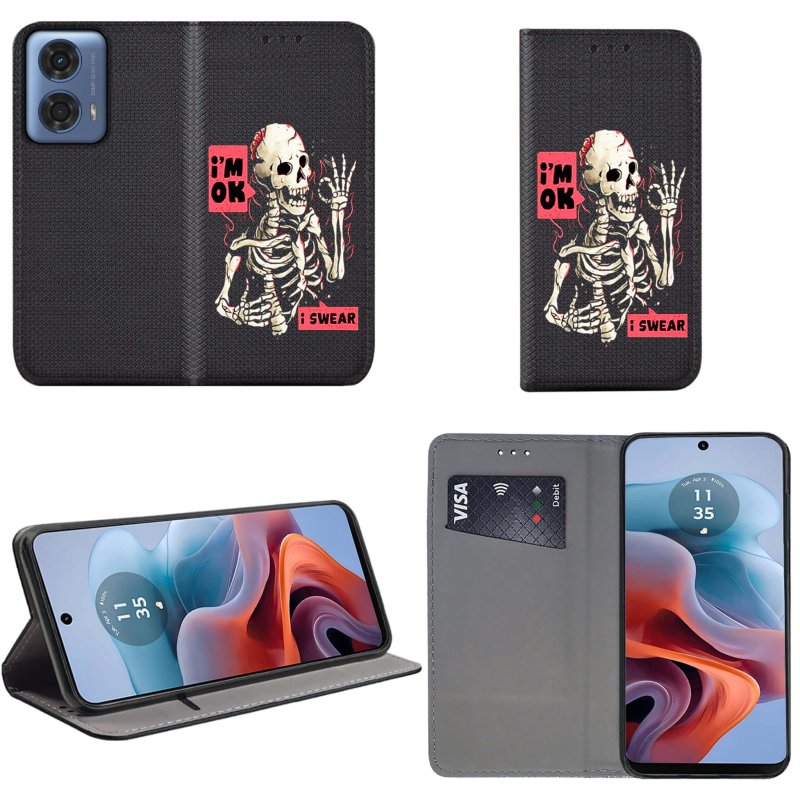 Etui do Motorola Moto G34 5G zamykane malowane wzór ze szkłem, pokrowiec, kabura, case, z klapka, smart wzory, szkielet