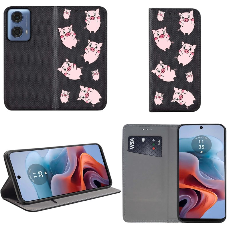 Etui do Motorola Moto G34 5G zamykane malowane wzór ze szkłem, pokrowiec, kabura, case, z klapka, smart wzory, świnki