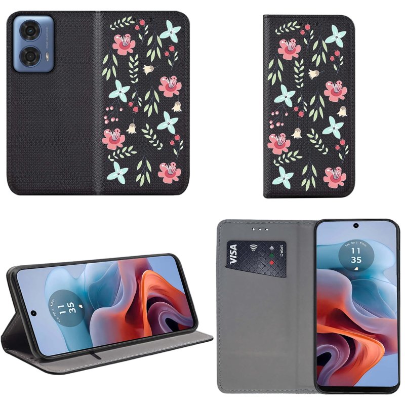Etui do Motorola Moto G34 5G zamykane malowane wzór ze szkłem, pokrowiec, kabura, case, z klapka, smart wzory, kwiaty