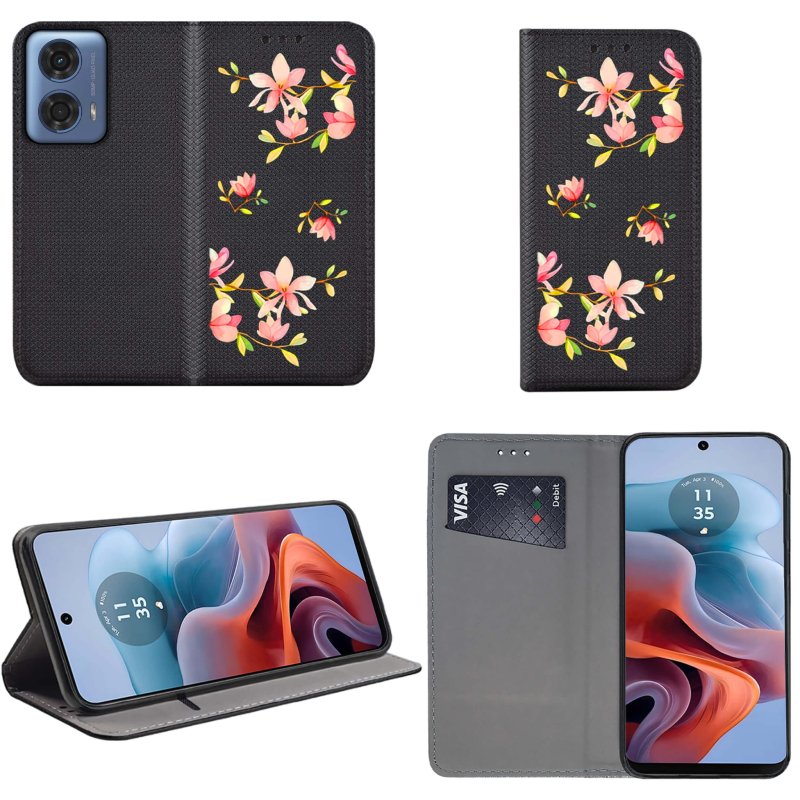 Etui do Motorola Moto G34 5G zamykane malowane wzór ze szkłem, pokrowiec, kabura, case, z klapka, smart wzory, kwiatki