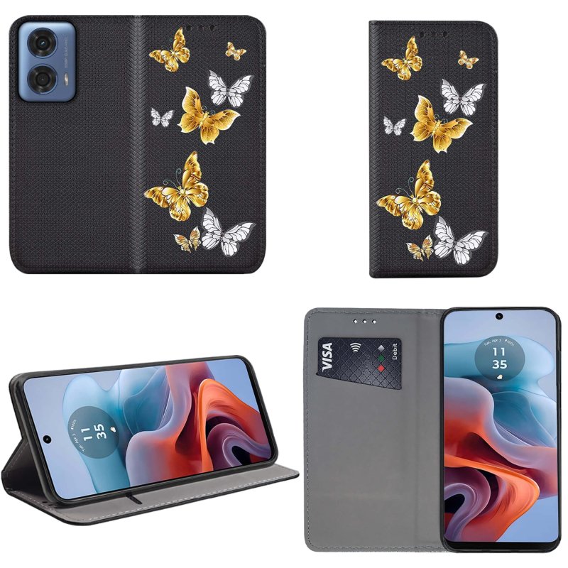 Etui do Motorola Moto G34 5G zamykane malowane wzór ze szkłem, pokrowiec, kabura, case, z klapka, smart wzory, motyle