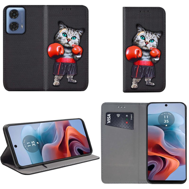 Etui do Motorola Moto G34 5G zamykane malowane wzór ze szkłem, pokrowiec, kabura, case, z klapka, smart wzory, kot