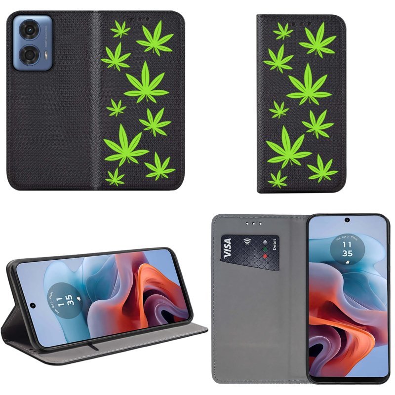 Etui do Motorola Moto G34 5G zamykane malowane wzór ze szkłem, pokrowiec, kabura, case, z klapka, smart wzory, liście, zioło, konopia, marycha