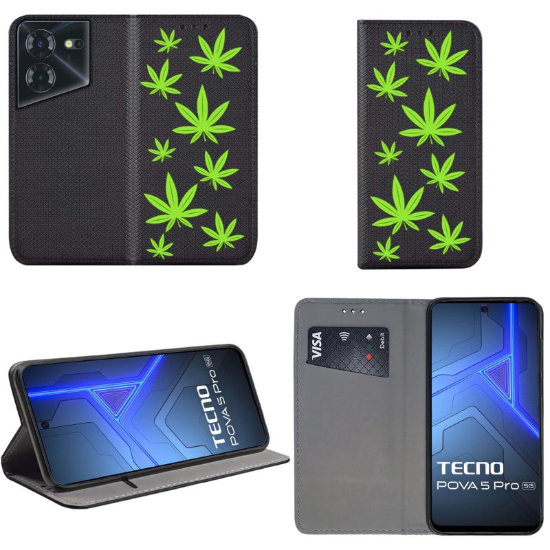 Etui do Tecno Pova 5 Pro zamykane malowane wzór ze szkłem, pokrowiec, kabura, case, z klapka, smart wzory, liście, zioło, marycha, konopia