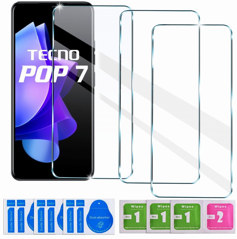 Szkło hartowane do Tecno Pop 7 / 8, szybka, szkiełko, ochrona, wyświetlacz, zabezpieczenie, ekran, zestaw, 3 sztuki