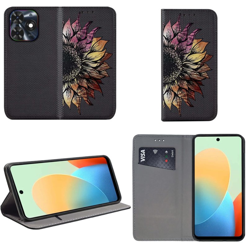 Etui do Tecno Pop 8 zamykane malowane wzór ze szkłem, pokrowiec, kabura, case, z klapka, kwiat