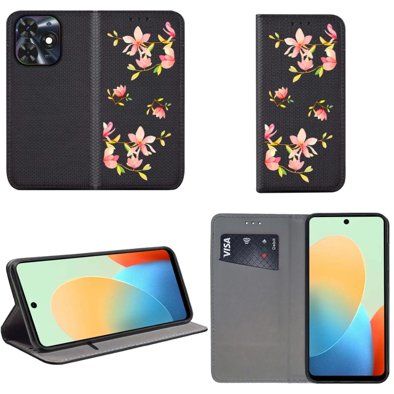 Etui do Tecno Pop 8 zamykane malowane wzór ze szkłem, pokrowiec, kabura, case, z klapka, kwiatki
