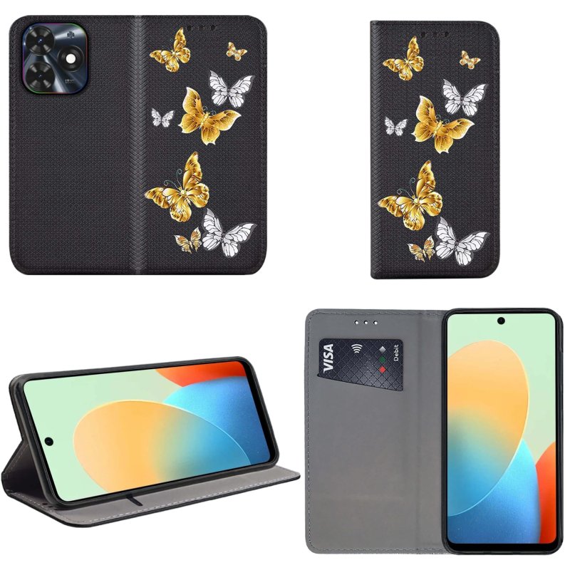 Etui do Tecno Pop 8 zamykane malowane wzór ze szkłem, pokrowiec, kabura, case, z klapka, motyle