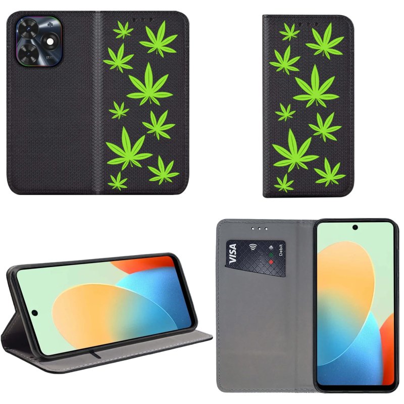 Etui do Tecno Pop 8 zamykane malowane wzór ze szkłem, pokrowiec, kabura, case, z klapka, liście, zioło