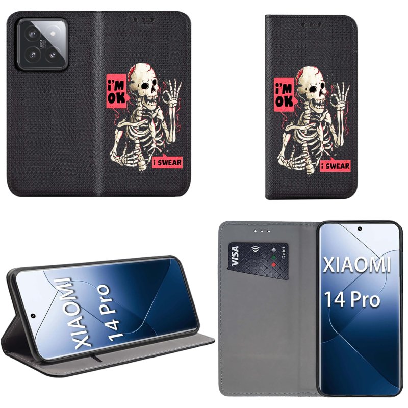 Etui do Xiaomi 14 Pro zamykane malowane wzór, pokrowiec, kabura, case, z klapką, smart wzory, szkielet, kosciotrup