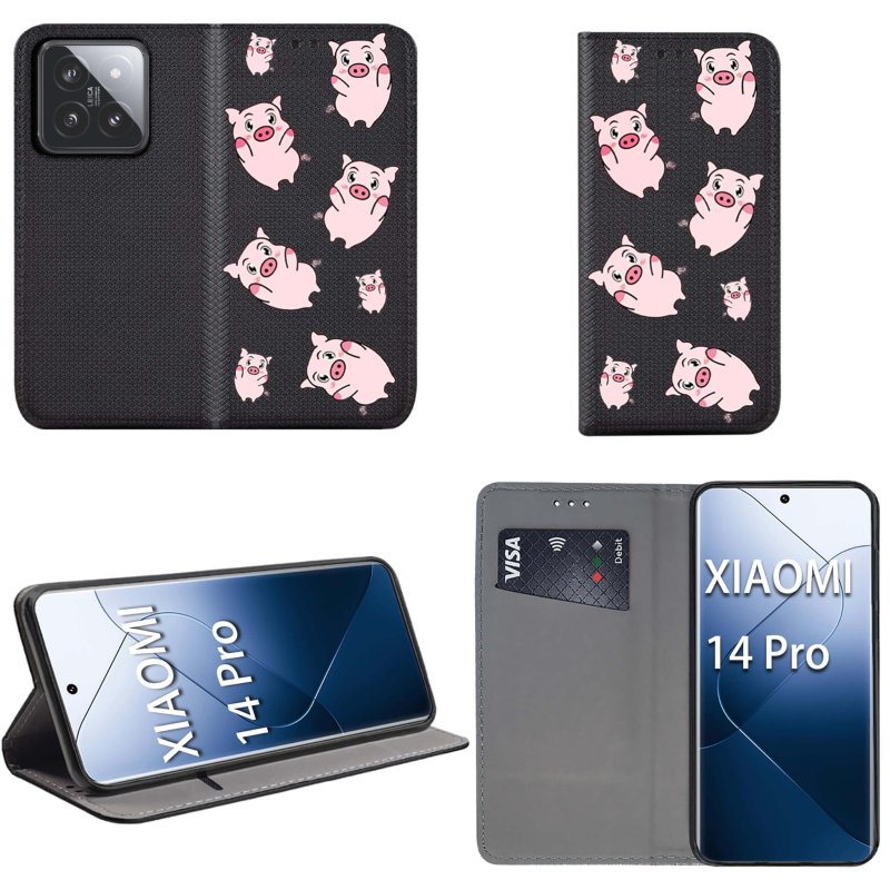 Etui do Xiaomi 14 Pro zamykane malowane wzór, pokrowiec, kabura, case, z klapką, smart wzory, świnki