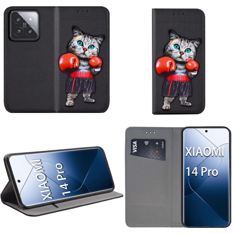 Etui do Xiaomi 14 Pro zamykane malowane wzór, pokrowiec, kabura, case, z klapką, smart wzory, kot