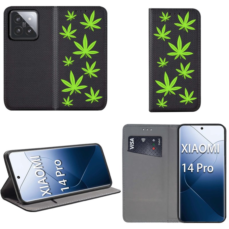 Etui do Xiaomi 14 Pro zamykane malowane wzór, pokrowiec, kabura, case, z klapką, smart wzory, liście, zioło