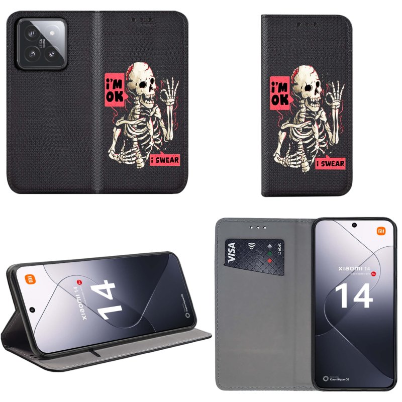 Etui do Xiaomi 14 zamykane malowane wzór ze szkłem, pokrowiec, kabura, case, z klapka, smart wzory, szkielet, kosciotrup