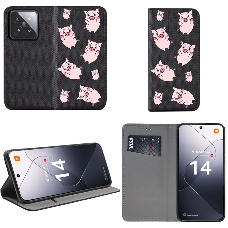 Etui do Xiaomi 14 zamykane malowane wzór ze szkłem, pokrowiec, kabura, case, z klapka, smart wzory, świnki