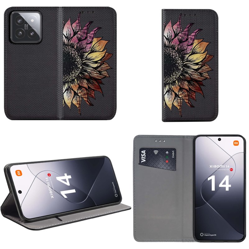 Etui do Xiaomi 14 zamykane malowane wzór ze szkłem, pokrowiec, kabura, case, z klapka, smart wzory, kwiat