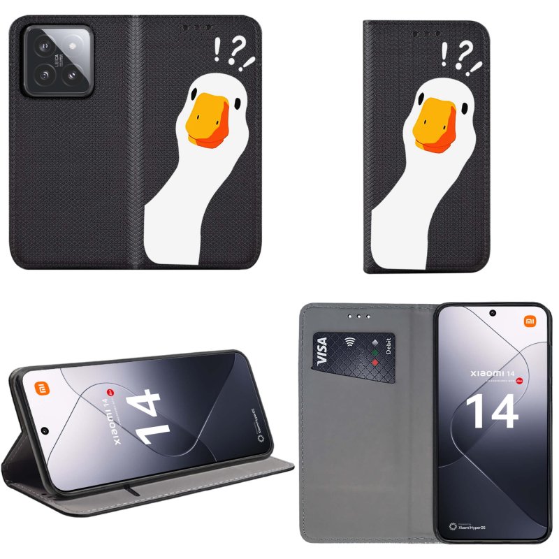Etui do Xiaomi 14 zamykane malowane wzór ze szkłem, pokrowiec, kabura, case, z klapka, smart wzory, gęś, kaczka