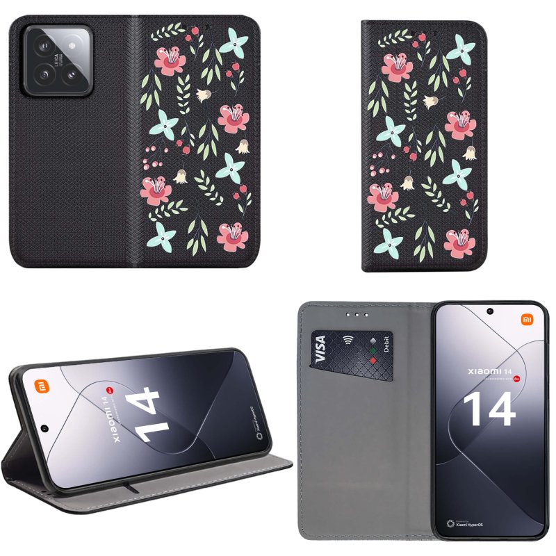 Etui do Xiaomi 14 zamykane malowane wzór ze szkłem, pokrowiec, kabura, case, z klapka, smart wzory, kwiaty