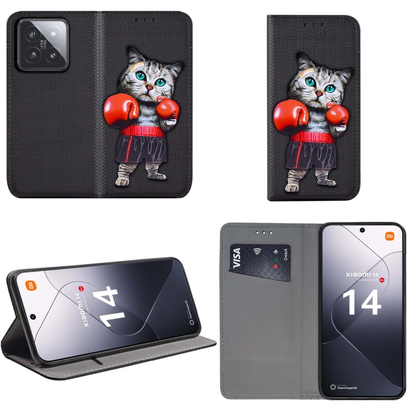 Etui do Xiaomi 14 zamykane malowane wzór ze szkłem, pokrowiec, kabura, case, z klapka, smart wzory, kot