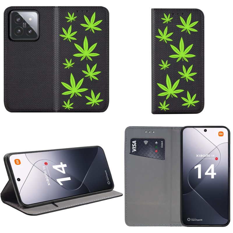 Etui do Xiaomi 14 zamykane malowane wzór ze szkłem, pokrowiec, kabura, case, z klapka, smart wzory, liście, zioło