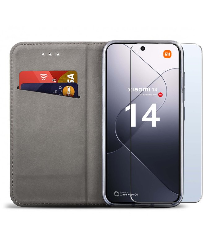 Etui do Xiaomi 14 czarne zamykane ze szkłem, pokrowiec, kabura, case, z klapka, smart